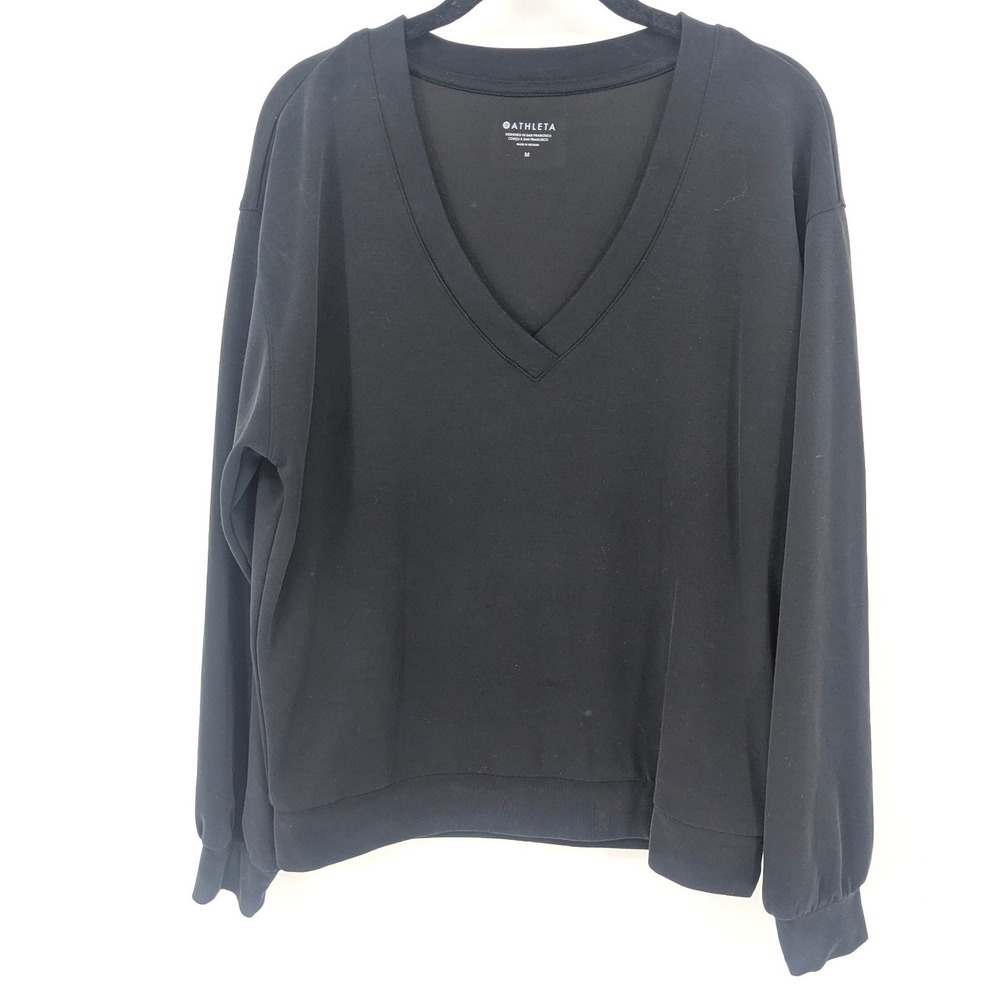 Athleta Sweater Pullover V-Neck Womens Medium Black Coaster Luxe Relaxed Casual